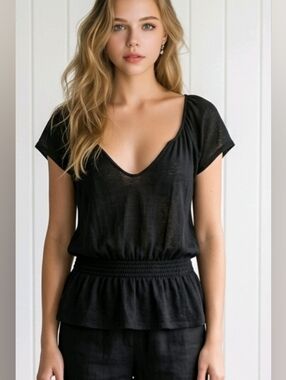 Theory Boho Brown Peplum Short Sleeve Blouse Plunge V-Neck SZ L Linen Silk Blend